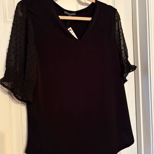 Adrianna Papell Black Blouse with Sheer Polka Dot Sleeves